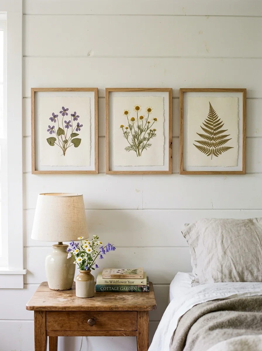 Cottagecore home décor ideas displaying framed pressed flowers and botanical prints for natural wall décor inspiration.