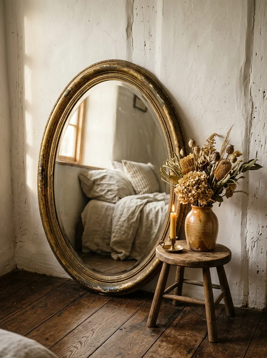 Cottagecore home décor ideas showcasing an antique mirror, dried flowers, candlelight, and rustic bedroom styling.