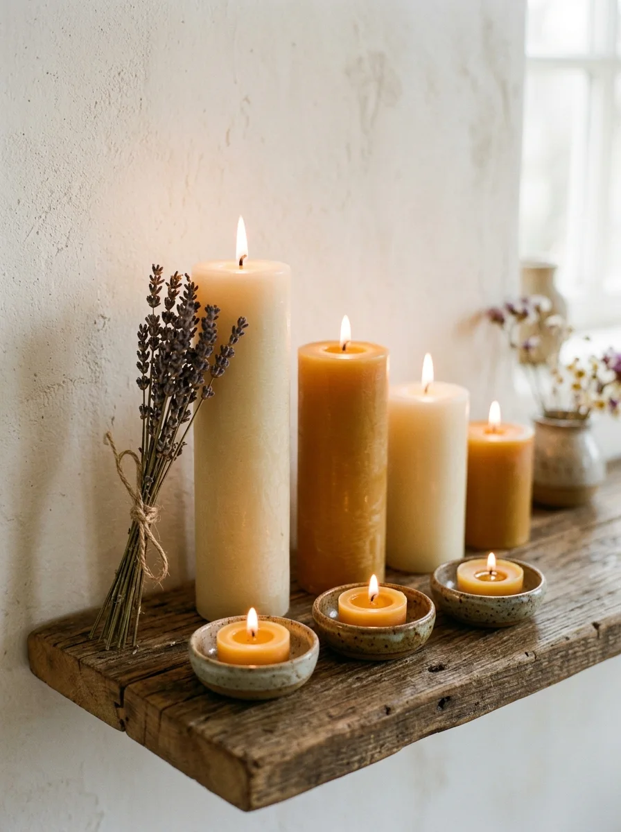 Cottagecore home décor ideas featuring beeswax candles, dried lavender, and handcrafted pottery on a rustic wooden shelf.
