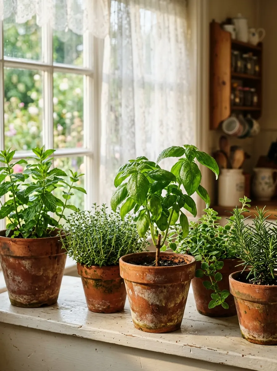Cottagecore home décor ideas showcasing terracotta pots filled with fresh herbs on a sunlit cottage windowsill.