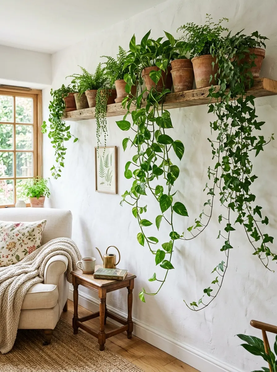 Cottagecore home décor ideas displaying cascading houseplants on reclaimed wood shelves above a cozy seating area.