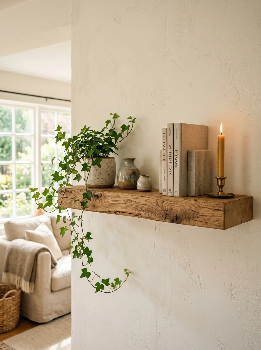 Cottagecore home décor ideas displaying reclaimed wood shelves styled with books, candles, pottery, and greenery.