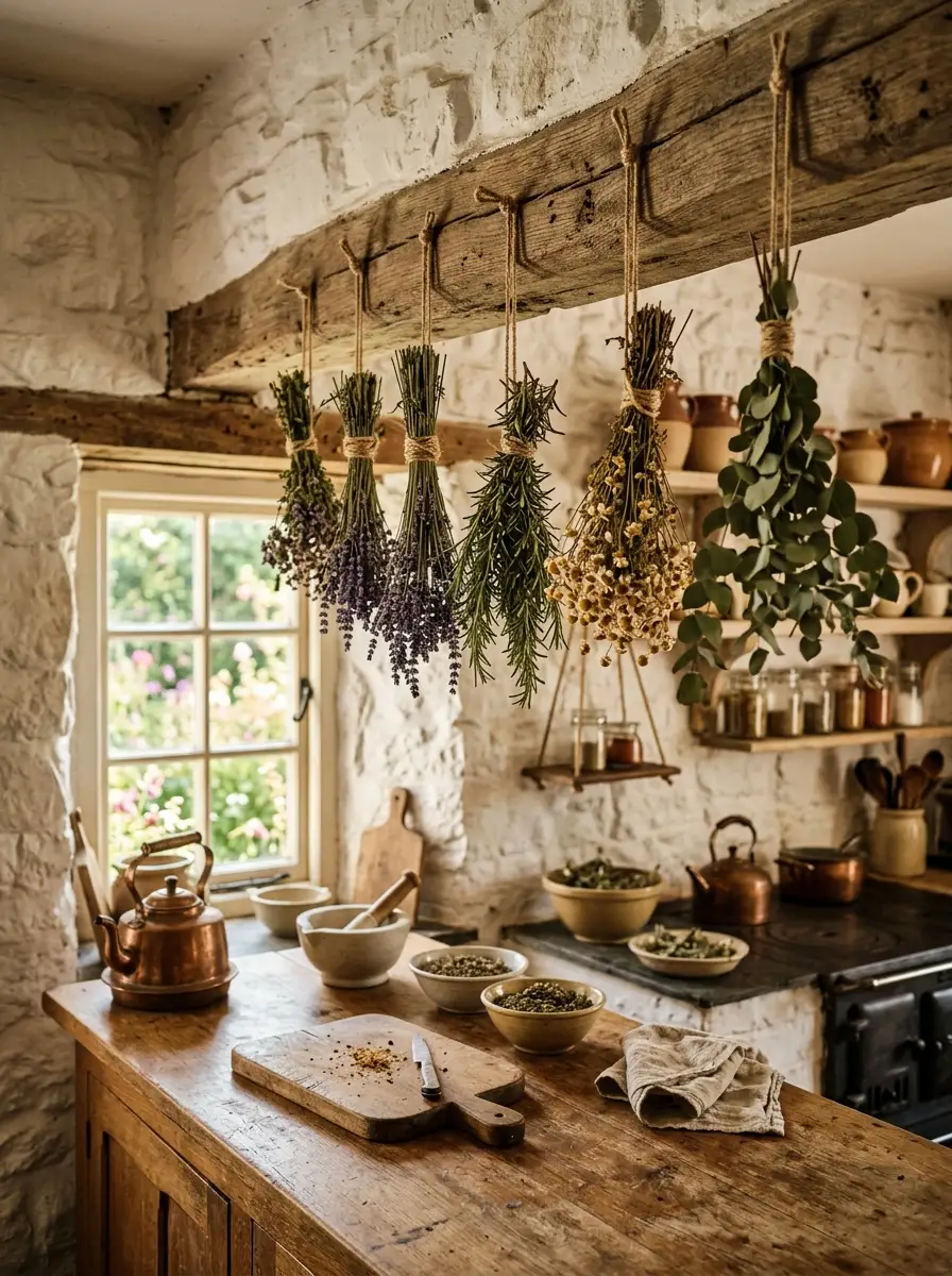 Cottagecore home décor ideas featuring hanging dried herbs, rustic cookware, and a traditional farmhouse kitchen interior.