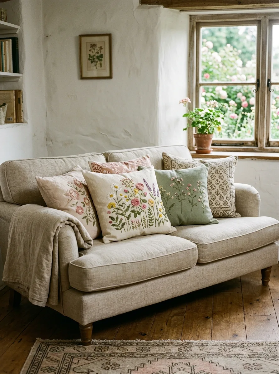 Cottagecore home décor ideas featuring embroidered floral cushions, linen upholstery, and soft rustic living room décor.