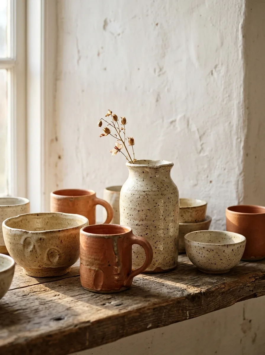 Cottagecore home décor ideas featuring handcrafted pottery, ceramic mugs, and earthy textures on a wooden shelf.