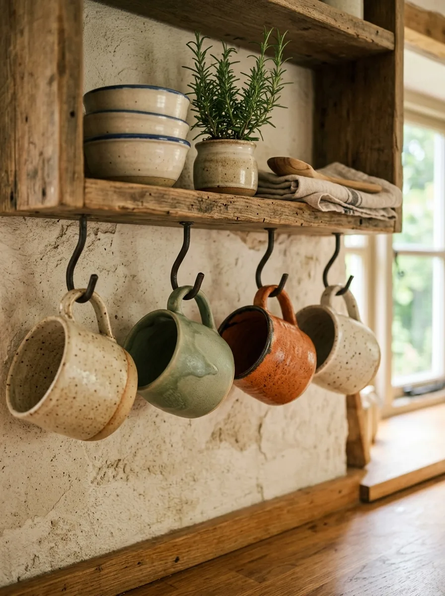 Cottagecore home décor ideas featuring ceramic mugs hanging beneath reclaimed wood shelving in a farmhouse-style kitchen.