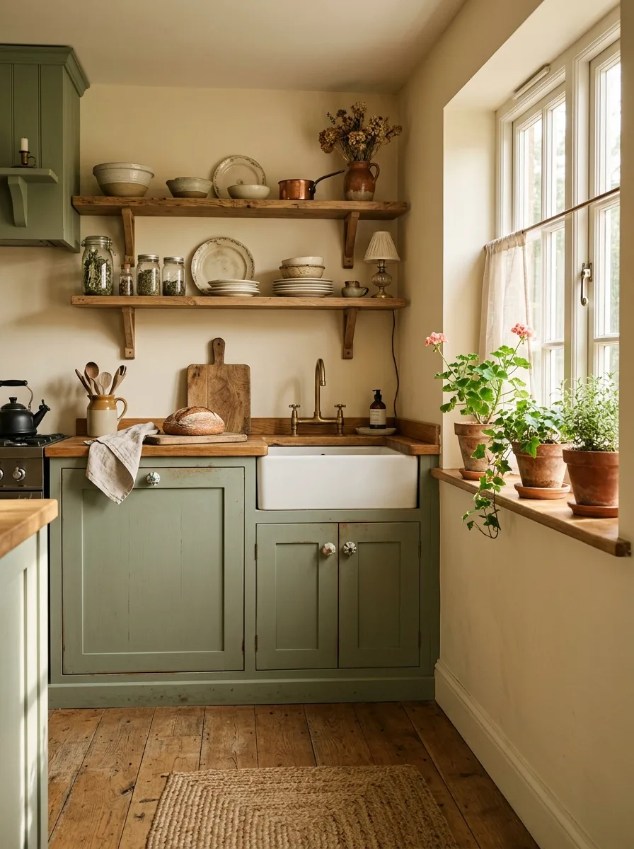 Cottagecore home décor ideas showcasing a sage green kitchen, open shelving, farmhouse sink, and potted plants.