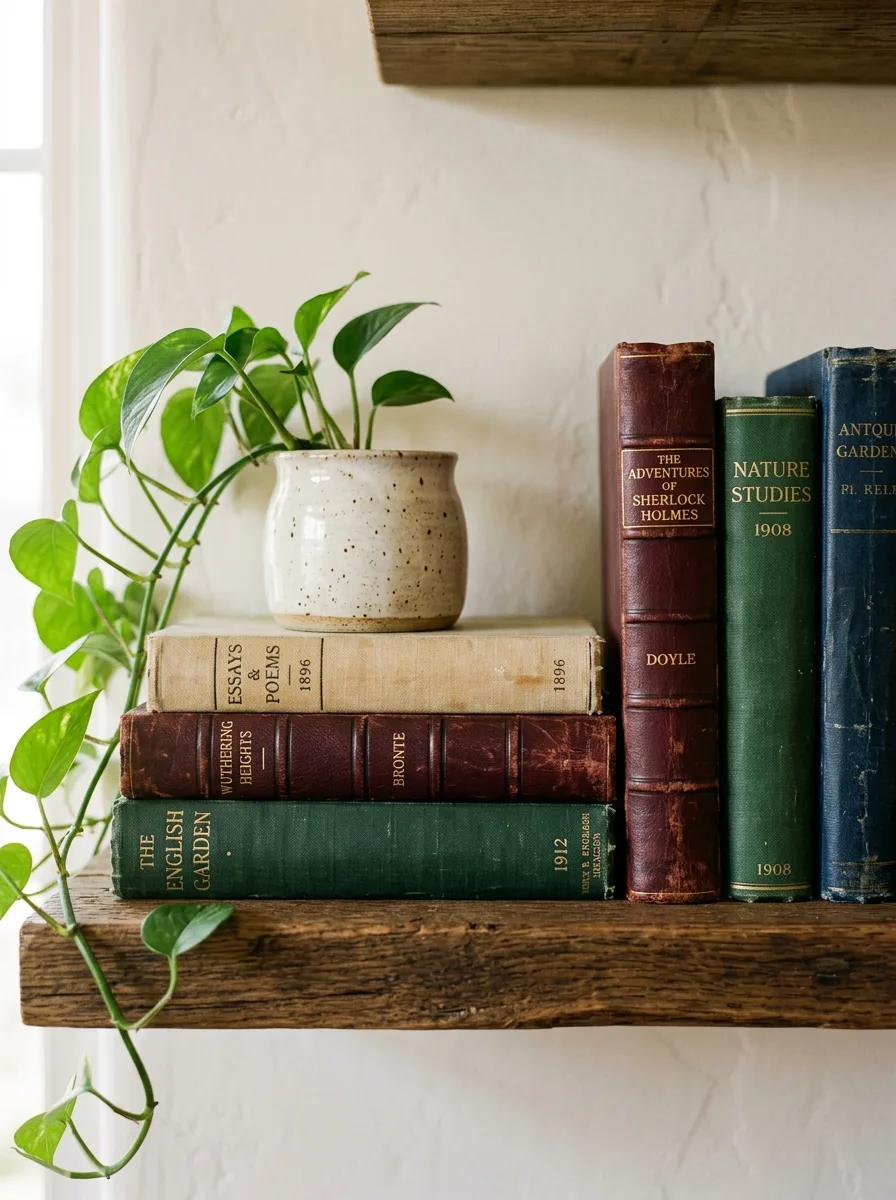 Cottagecore home décor ideas showcasing antique books on a reclaimed wood shelf with trailing houseplants and rustic charm.