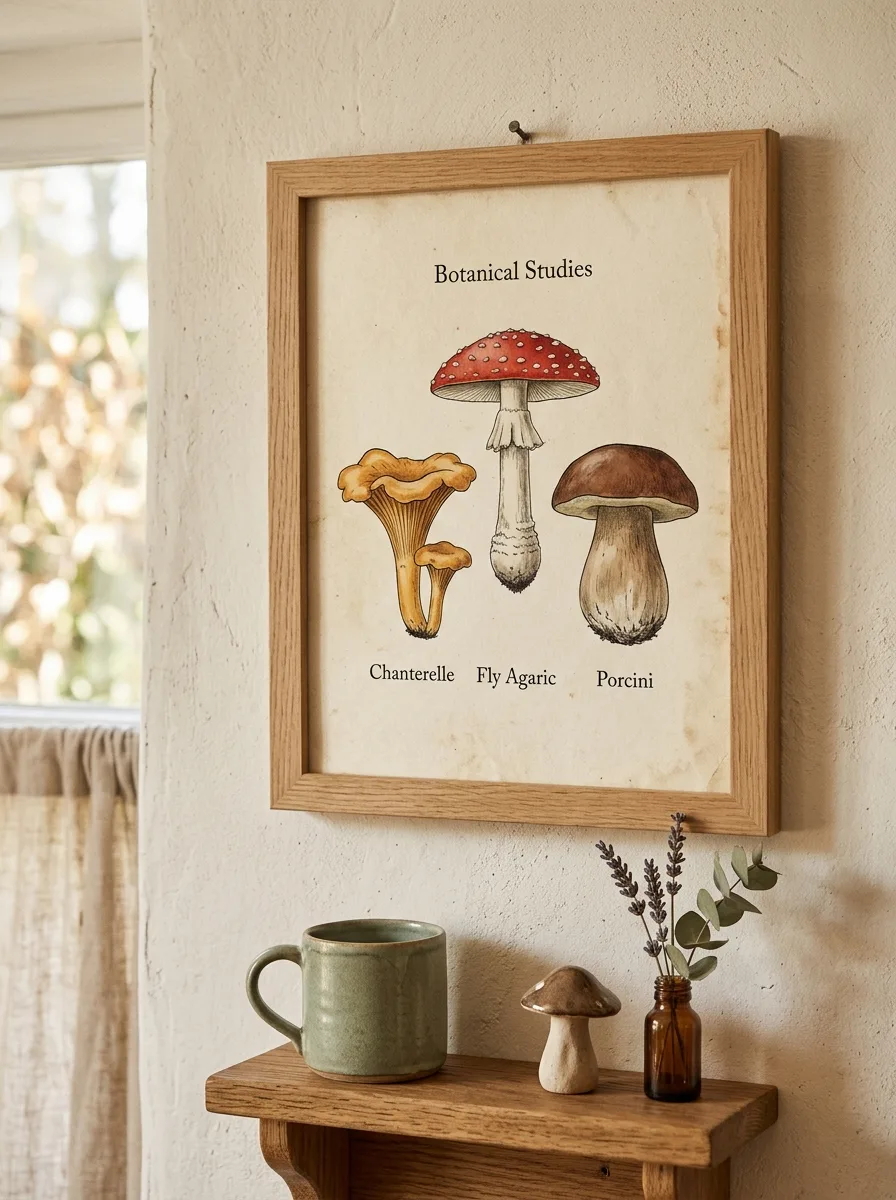 Cottagecore home décor ideas featuring framed mushroom illustrations, rustic accessories, and nature-inspired wall décor.
