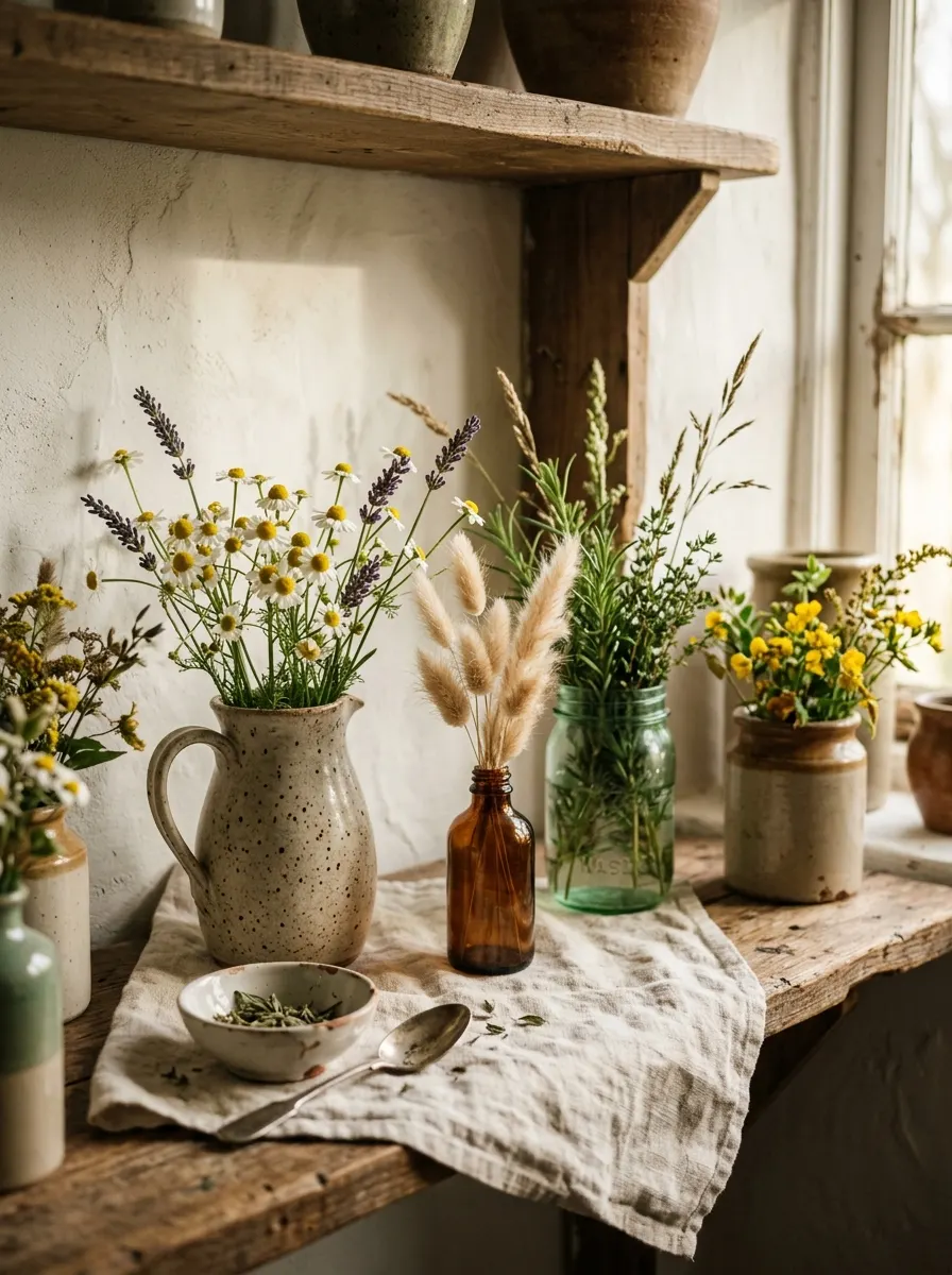 Cottagecore home décor ideas featuring wildflowers, herbs, vintage bottles, and pottery arranged on a rustic wooden shelf.