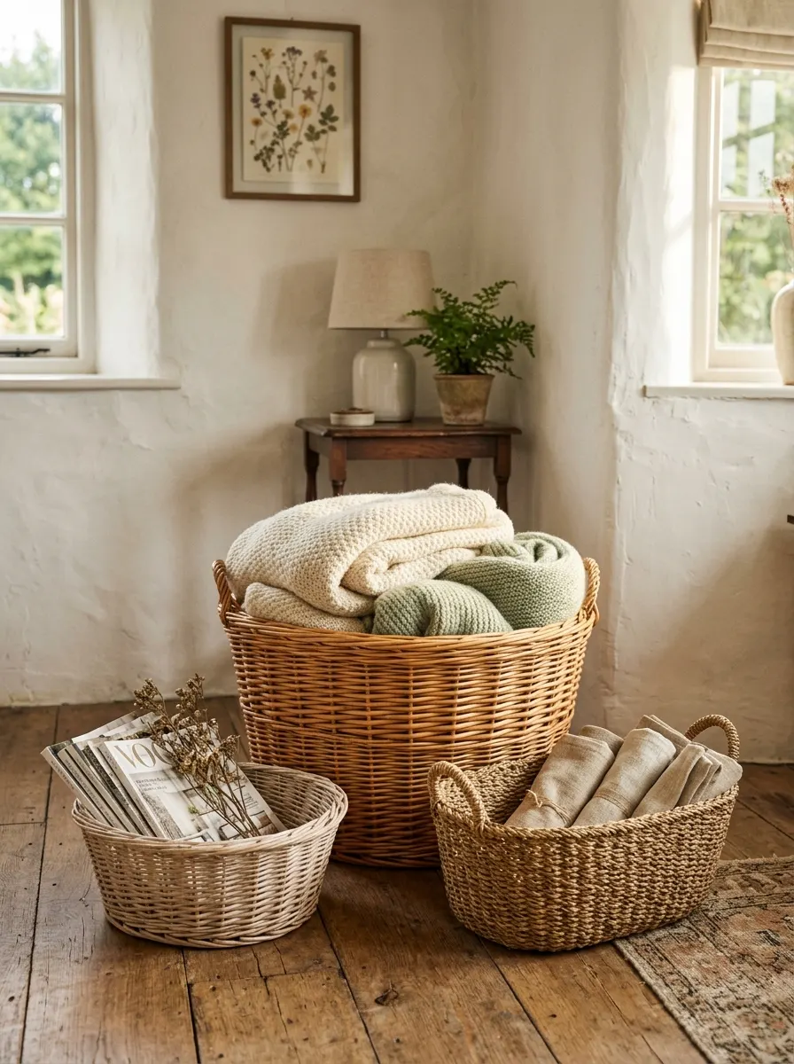 Cottagecore home décor ideas featuring woven baskets, knitted blankets, linen fabrics, and rustic cottage styling.