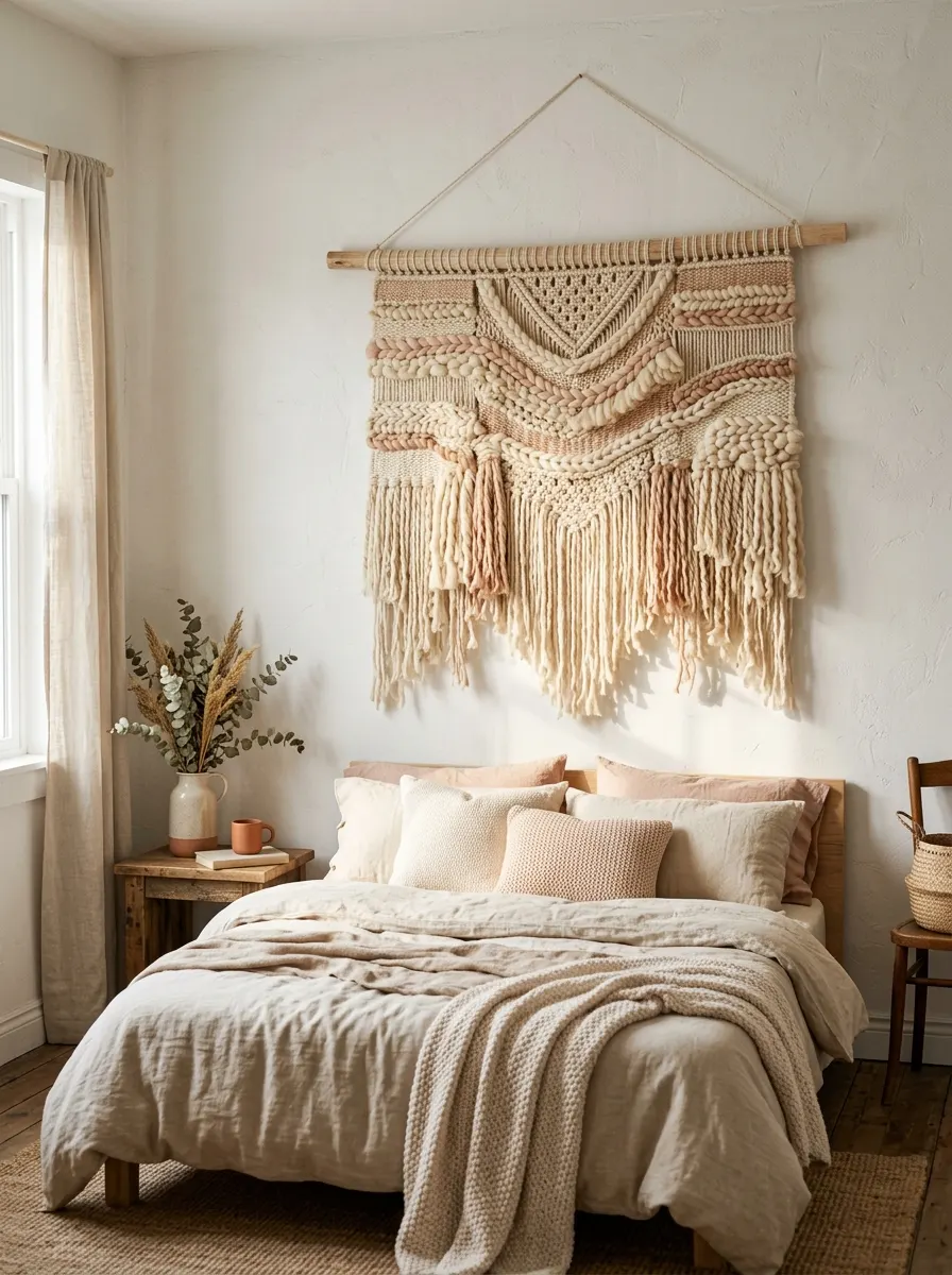 Cottagecore home décor ideas showcasing a neutral bedroom with woven wall hanging, layered bedding, and soft natural textures.