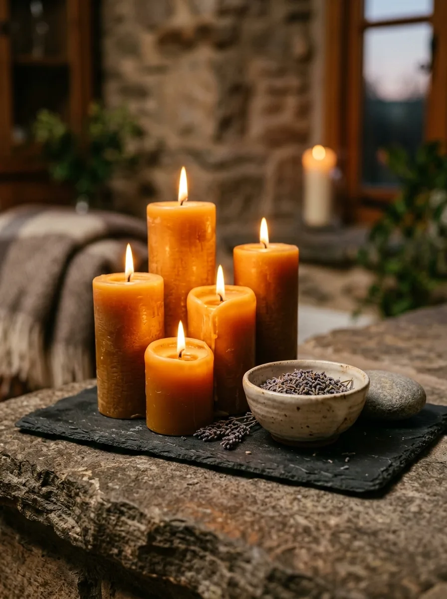 Cottagecore home décor ideas creating a cozy atmosphere with glowing pillar candles, natural textures, and rustic styling.