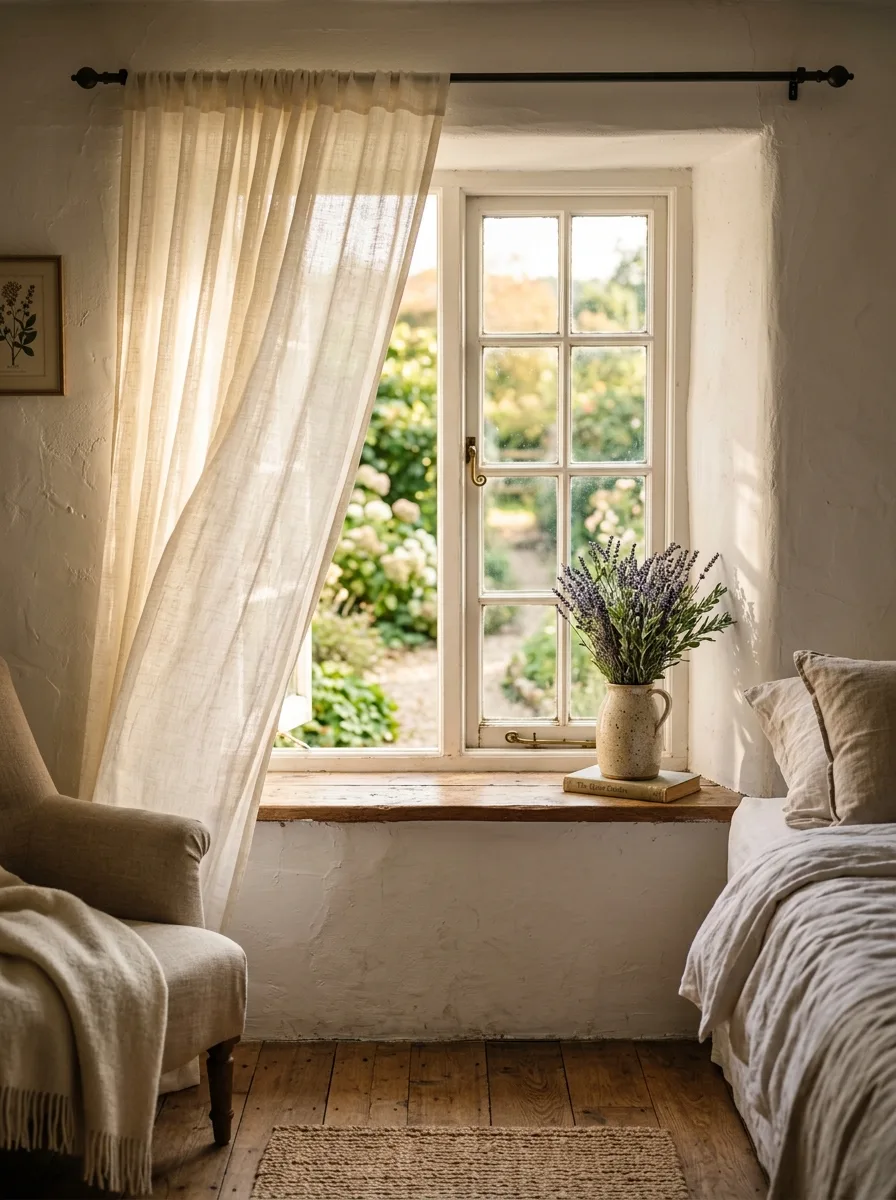 Cottagecore home décor ideas showing sheer linen curtains, a cozy armchair, and lavender accents beside a cottage window.