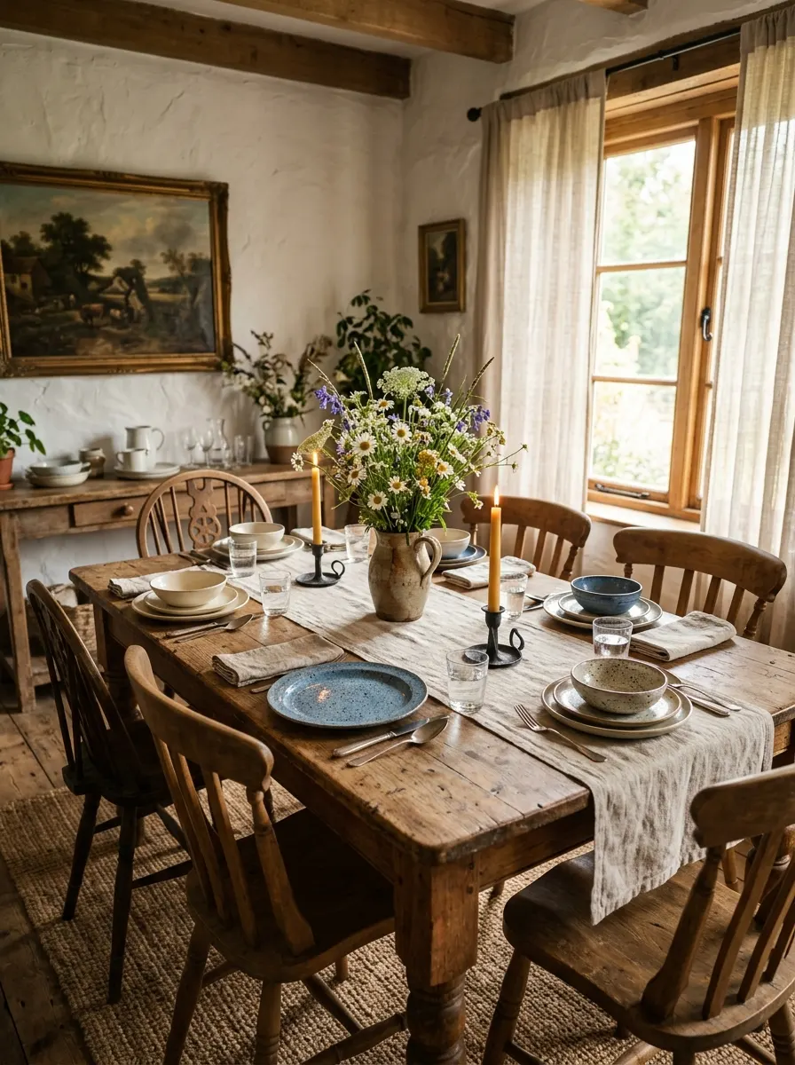 Cottagecore home décor ideas showcasing a rustic dining table with wildflowers, candles, and vintage wooden furniture.