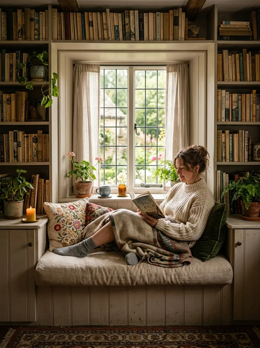 Cottagecore home décor ideas featuring a built-in window seat, bookshelves, soft blankets, and warm natural lighting.