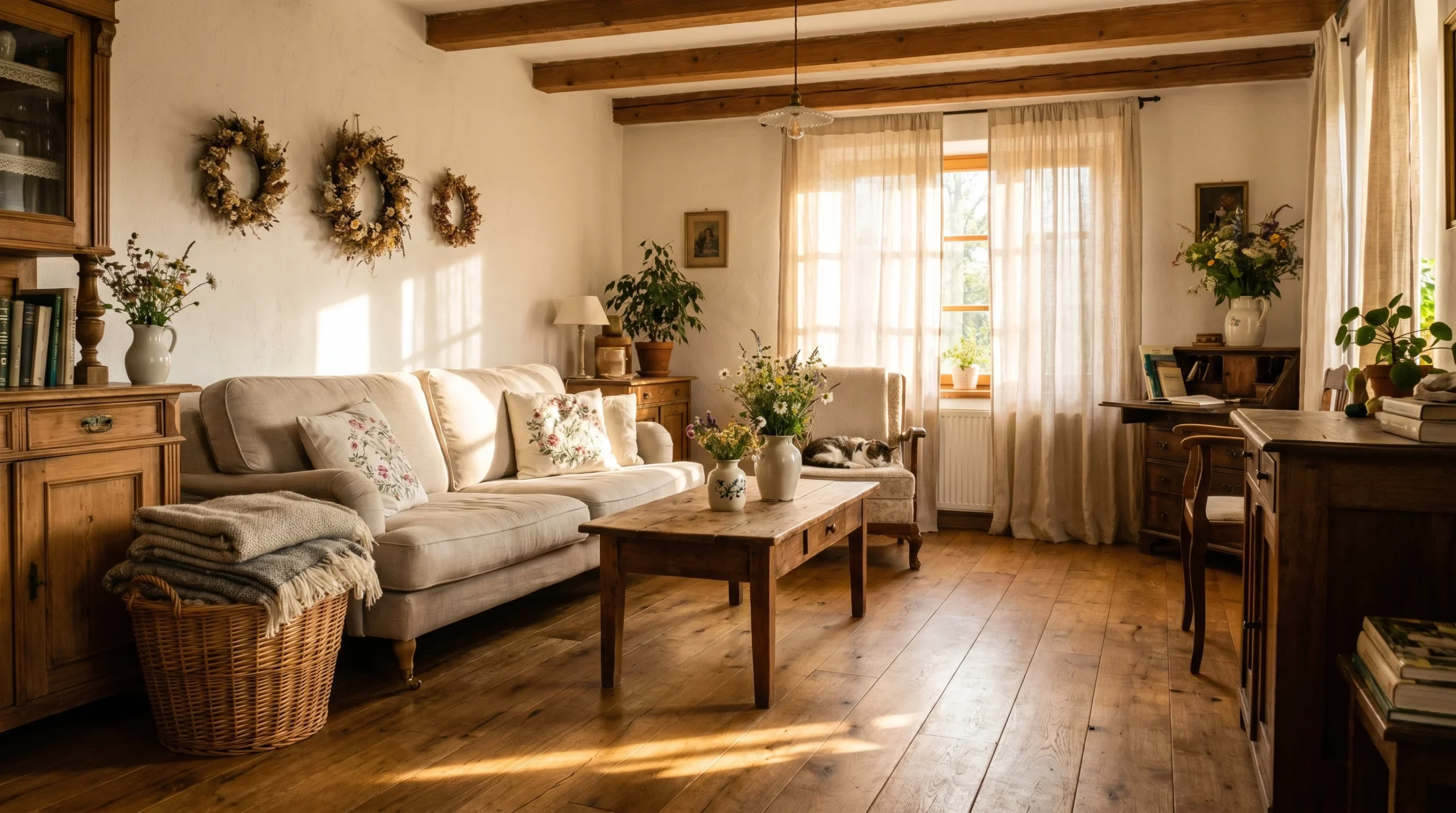 Cottagecore home décor ideas featuring a rustic living room with wooden beams, floral accents, linen sofa, and warm natural light.