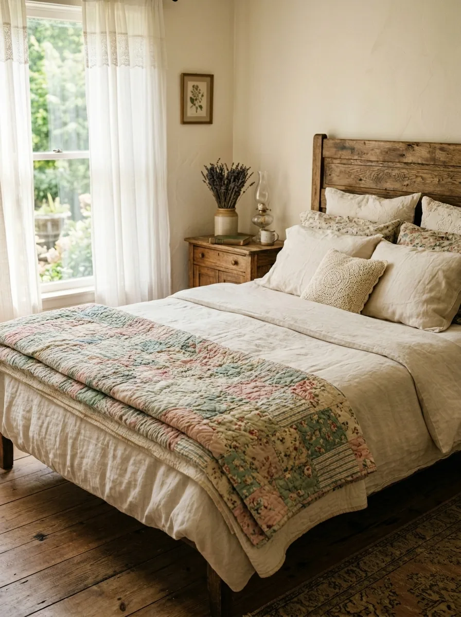 Cottagecore home décor ideas highlighting a cozy bedroom with a patchwork quilt, rustic wood furniture, and soft textiles.