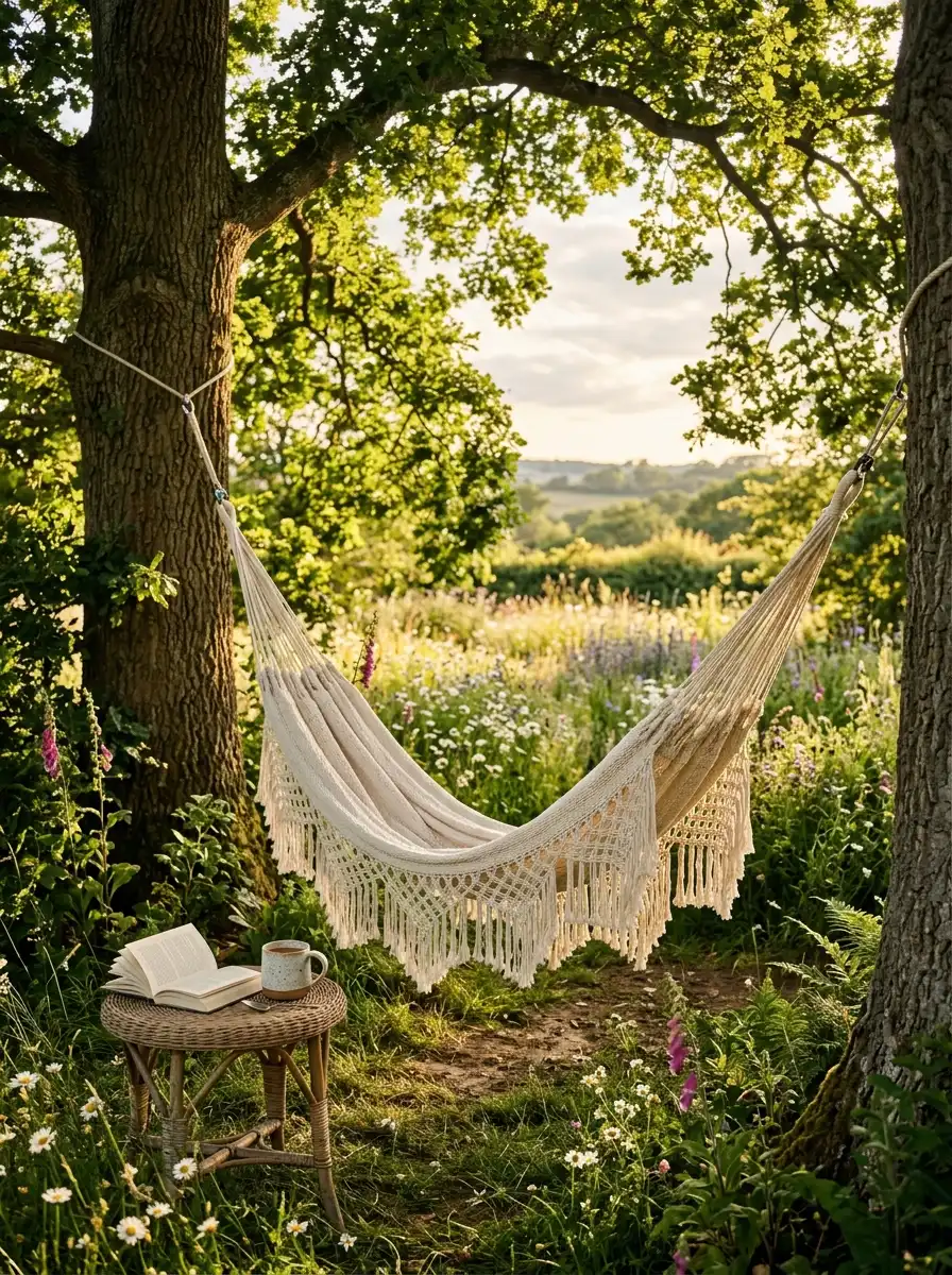 Hand-woven cotton hammock with fringe ends strung between two oak trees in a dappled garden with wildflowers behind