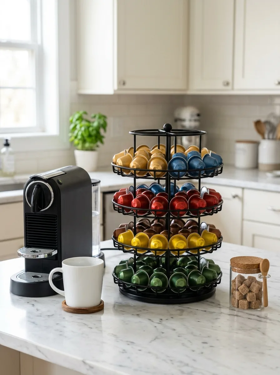 Tiered black metal pod carousel on white marble beside slim espresso machine and white ceramic mug — clean, organized coffee bar setup.