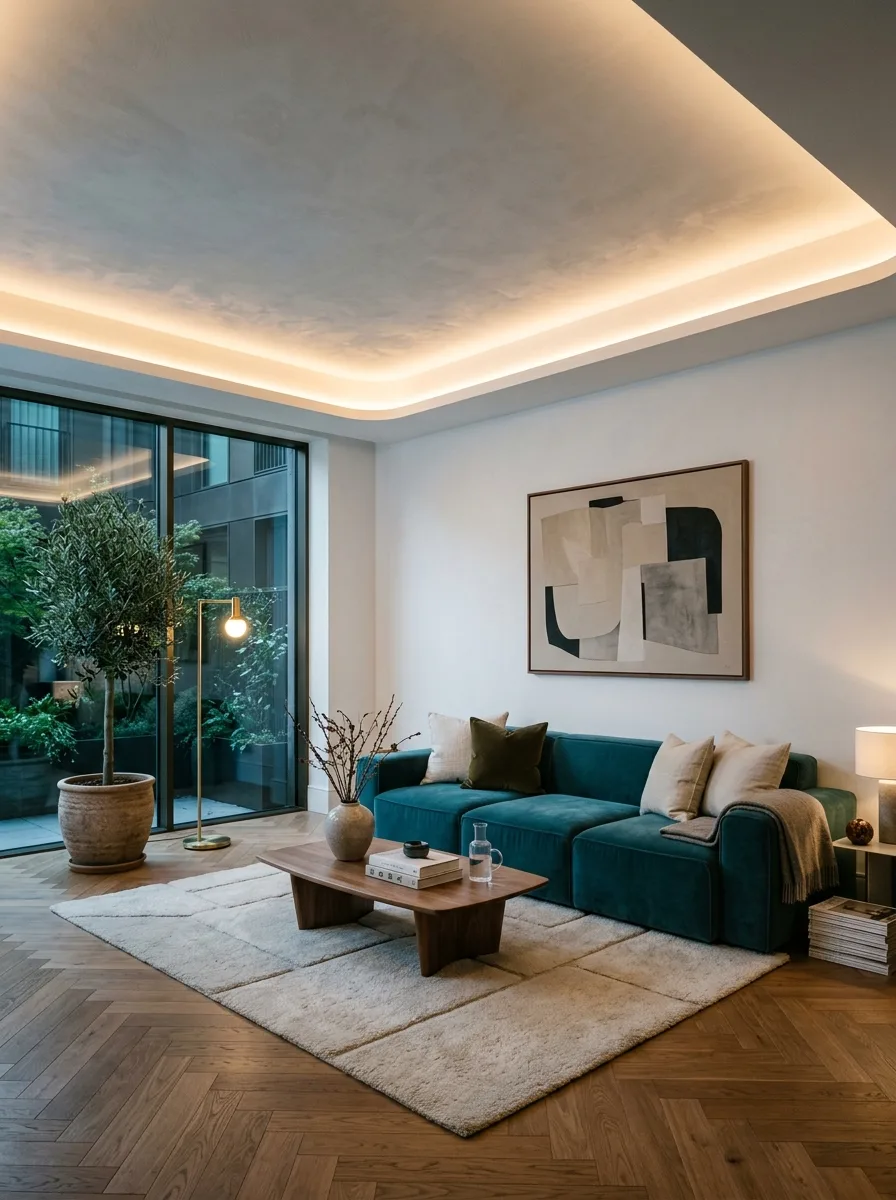 Contemporary lounge with a full perimeter cove ceiling and warm LED light featuring one of the best modern ceiling design ideas
