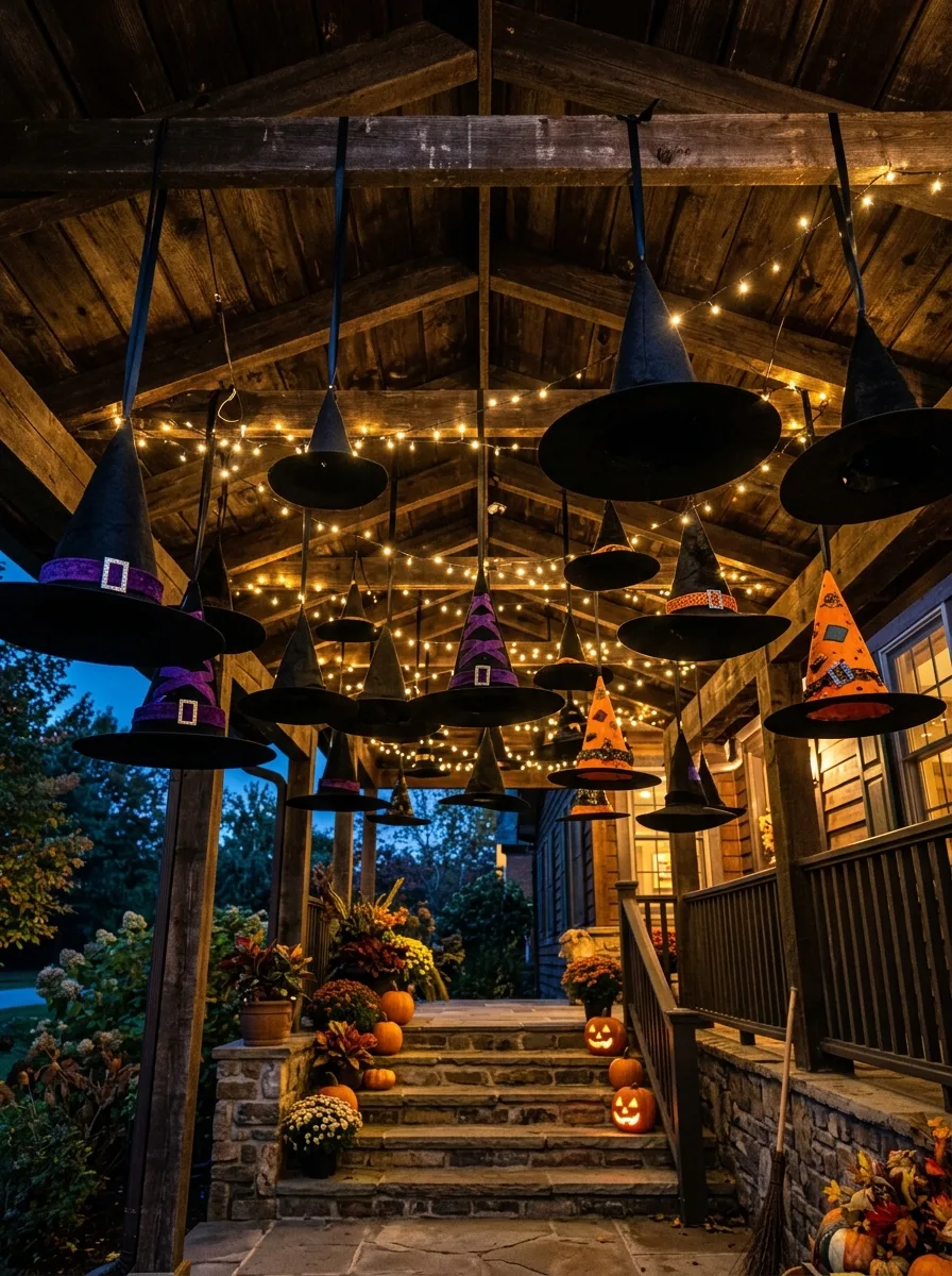 Covered porch featuring suspended witch hats, string lights, pumpkins, stone steps, and seasonal fall planters.