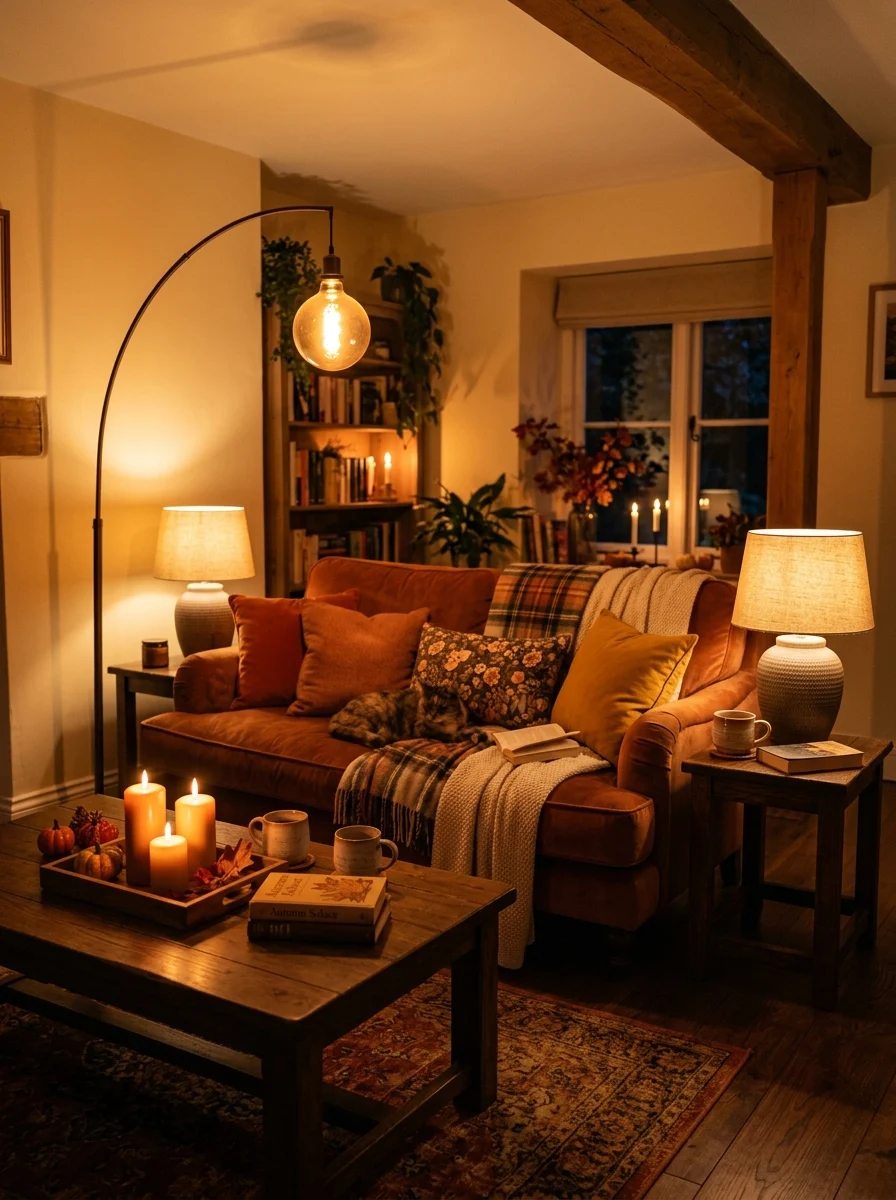 Inviting living room with warm lamp lighting, candles, patterned rug, rust sofa, layered textiles, and autumn accents.