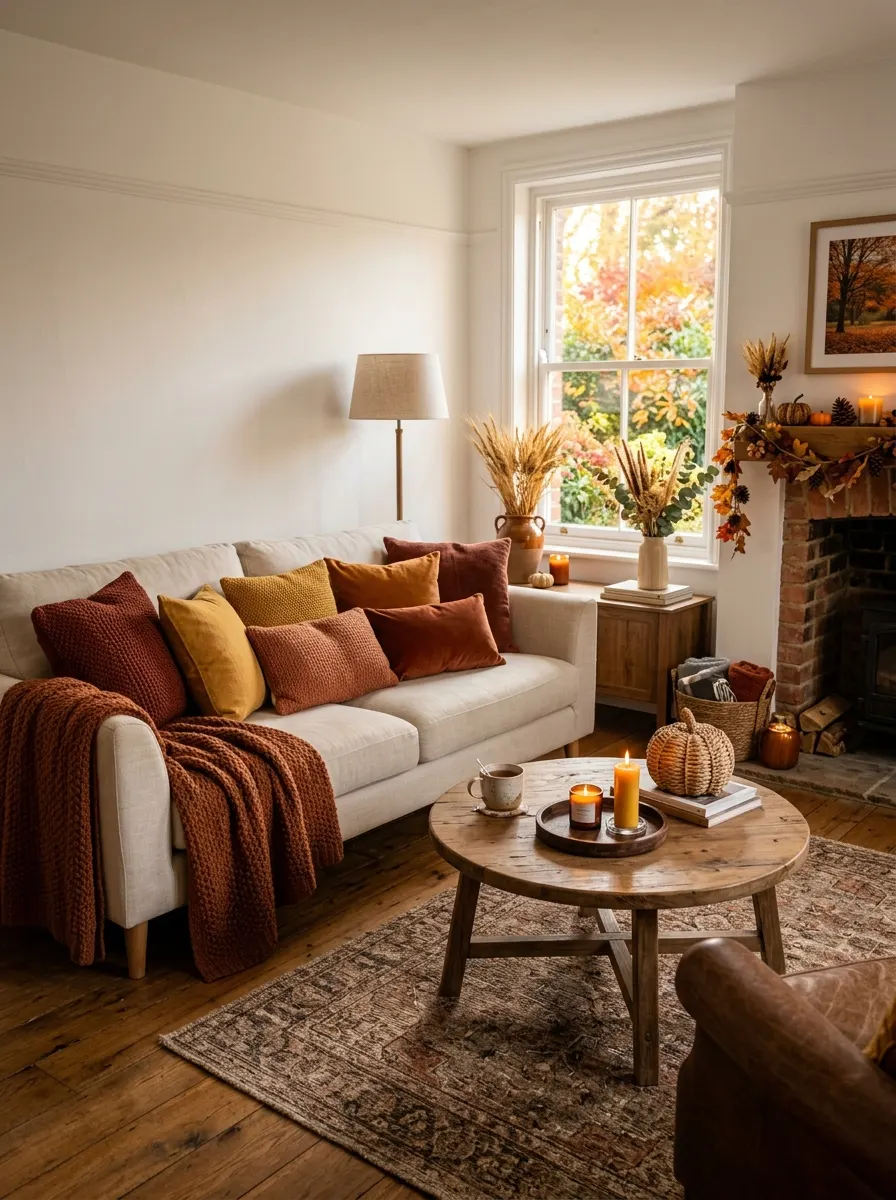 Bright living room with cream sofa, rust cushions, wooden coffee table, candles, and seasonal fireplace decor.