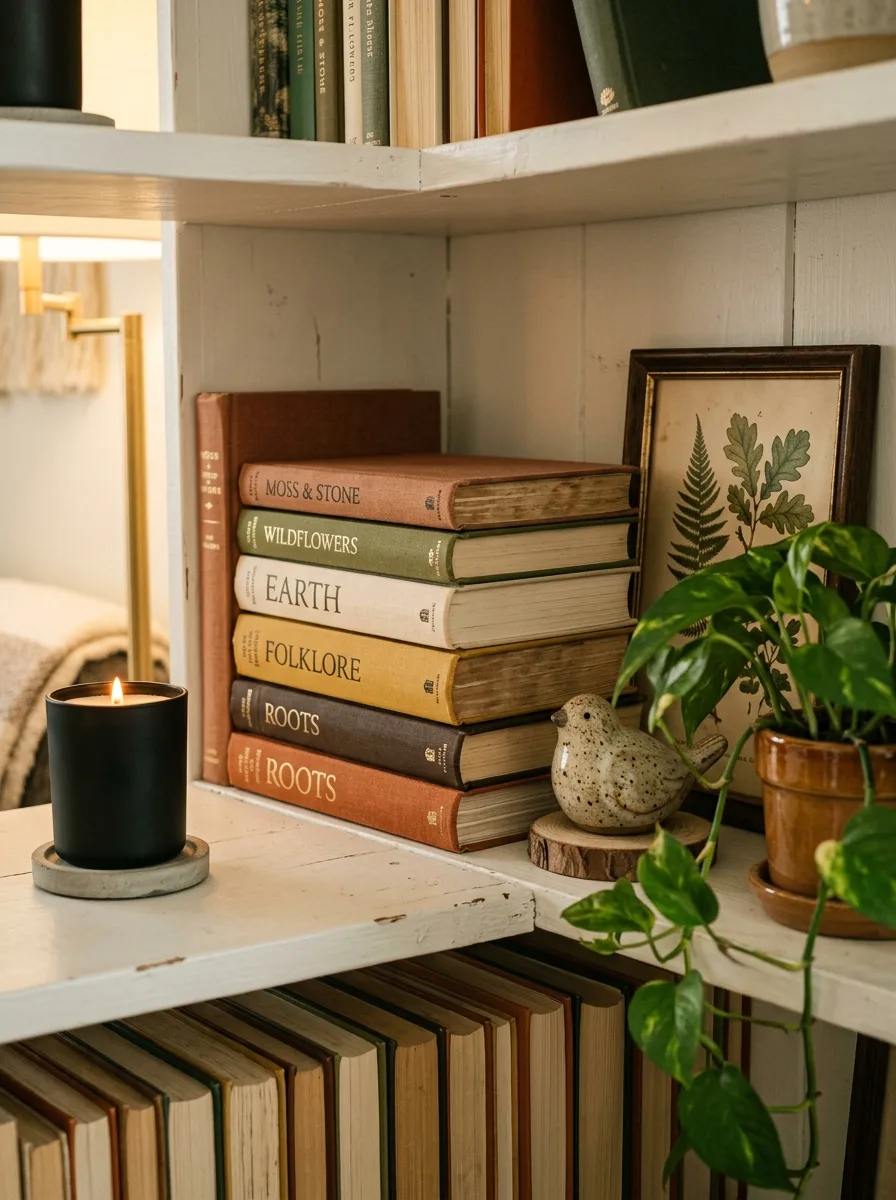 White bookshelf with stacked vintage books, framed botanical art, candle, and trailing pothos plant decor.