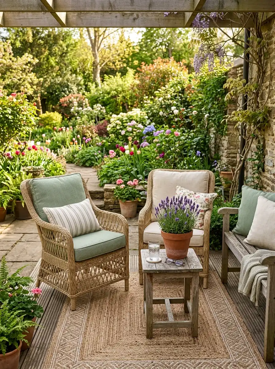 Outdoor patio with wicker chairs, wood bench, textured rug, potted lavender, and lush flowering garden backdrop.