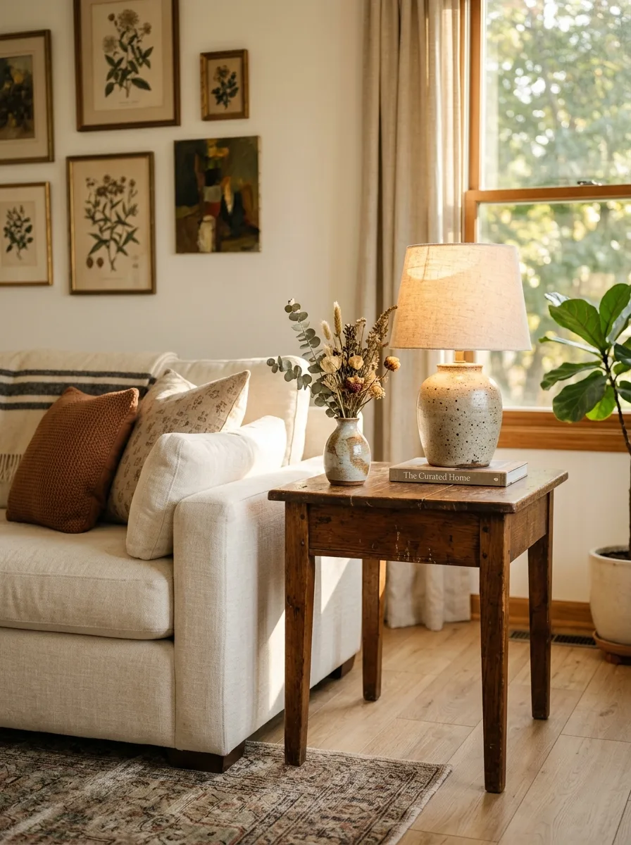 Neutral living room with white sofa, rustic wood side table, ceramic lamp, framed botanical art, and soft daylight.