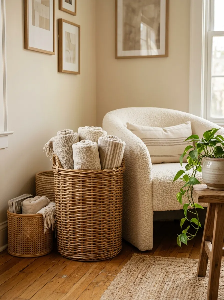 Soft neutral reading nook with boucle chair, woven baskets, folded throws, indoor plant, and textured rug.