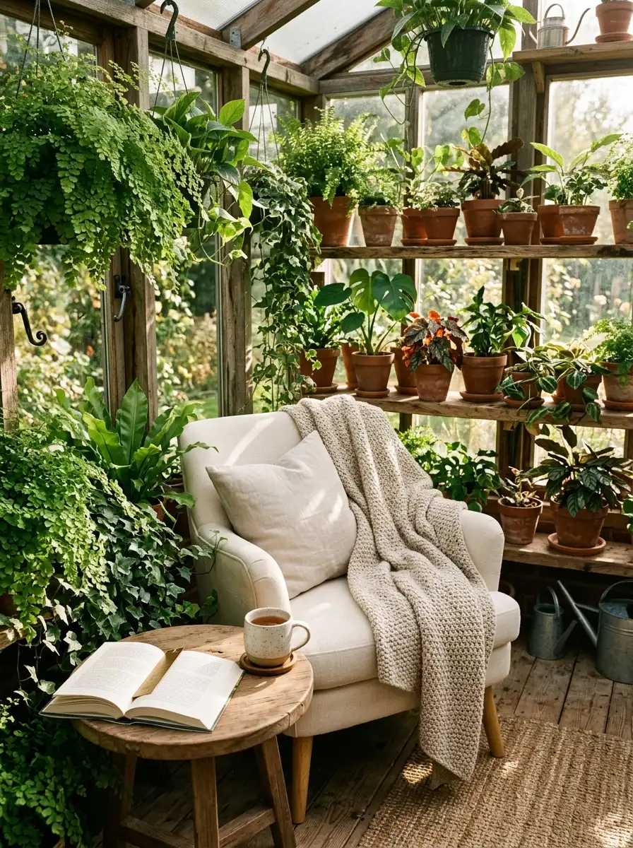 A cozy reading nook corner inside a greenhouse layout with armchair, ferns, terracotta pots and warm morning sunlight