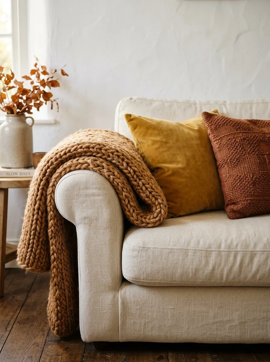 Neutral linen sofa featuring mustard and rust cushions, chunky knit blanket, ceramic vase, and soft natural lighting.
