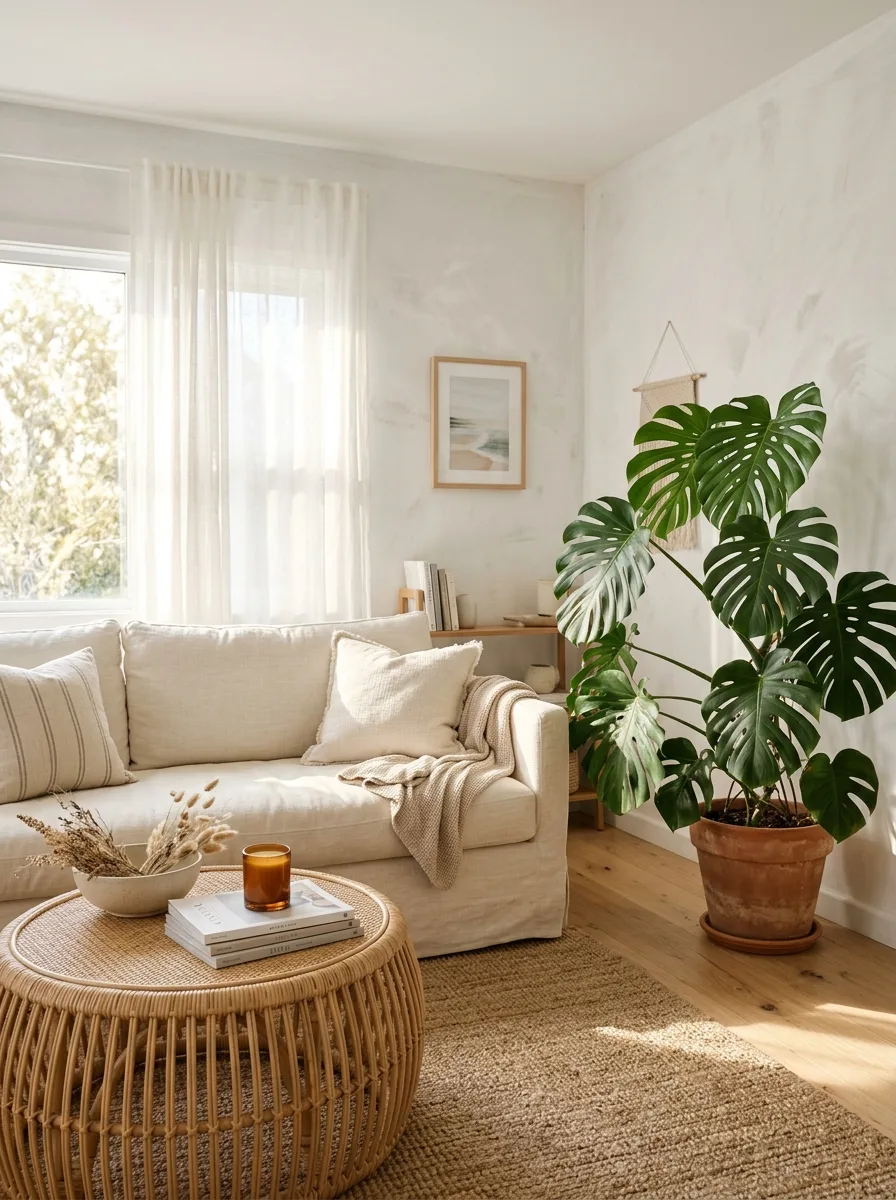 Cozy living room with cream slipcovered sofa, woven coffee table, textured rug, and large monstera plant.