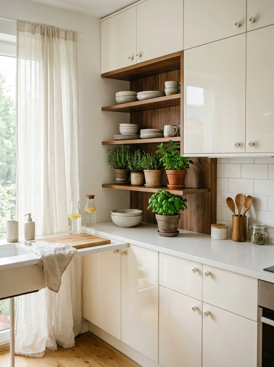 Cream white kitchen cabinetry paired with walnut open shelves a warm neutral kitchen palette