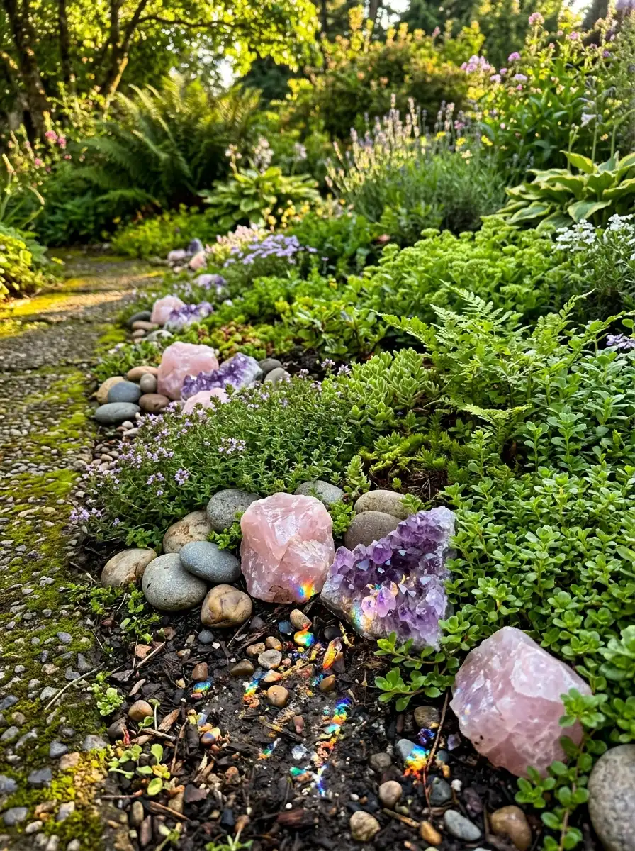 Raw rose quartz and amethyst crystals arranged among green garden plants creating rainbow light refractions in a spiritual garden