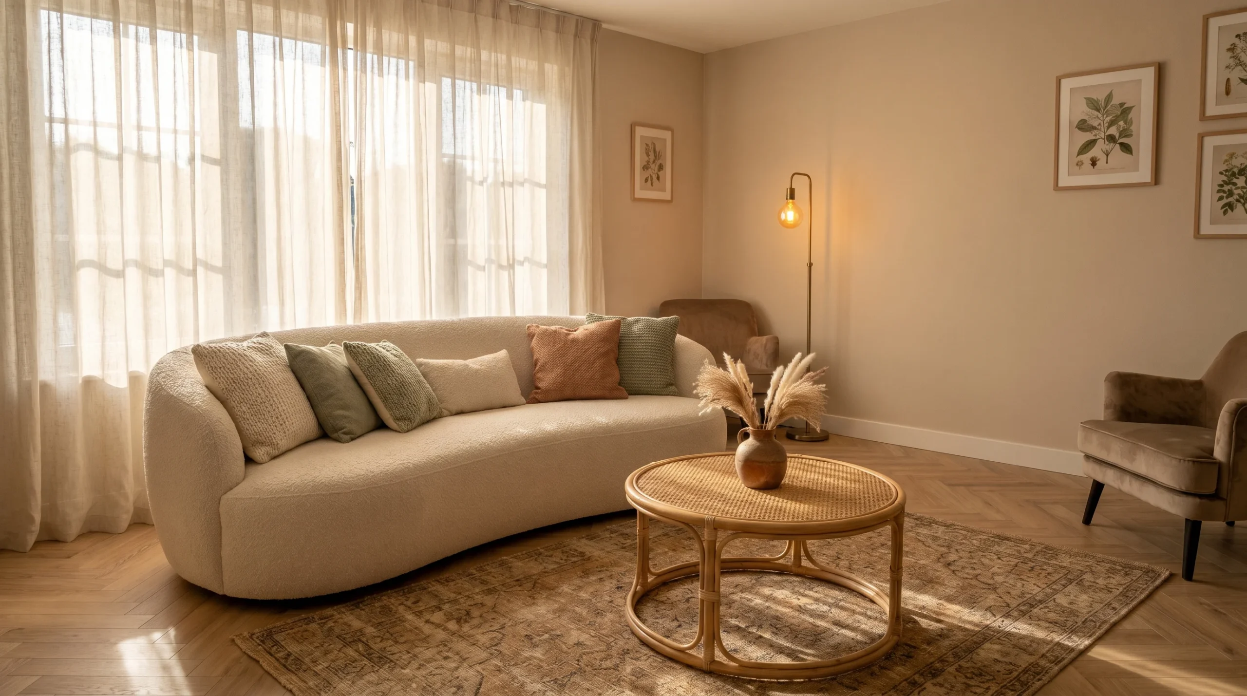 Bright living room with a curved cream sofa, rattan coffee table, neutral rug, sheer curtains, and warm ambient lighting.