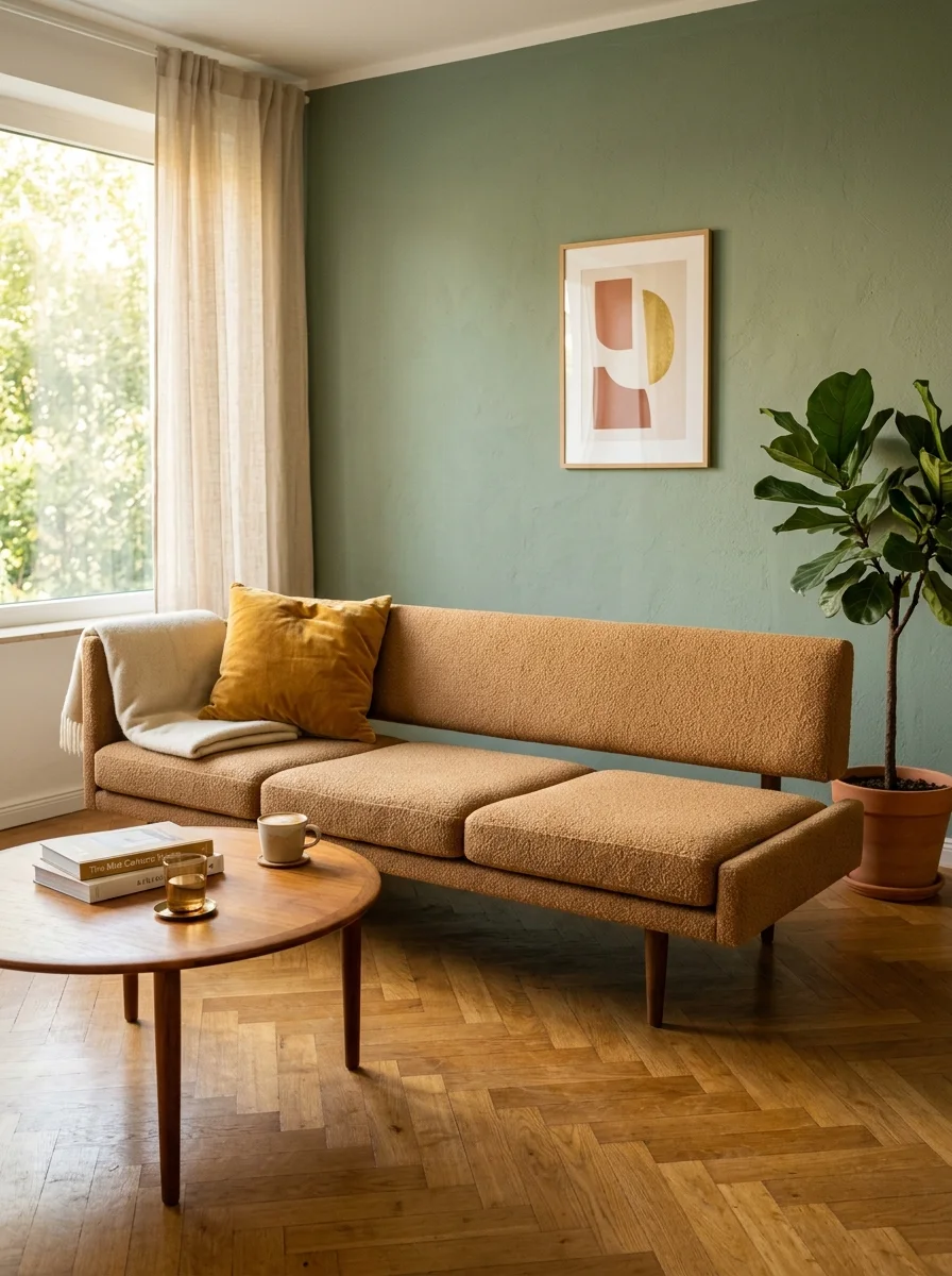 Modern sofa with mustard cushion beside round wood coffee table, sage green wall, and indoor plant.