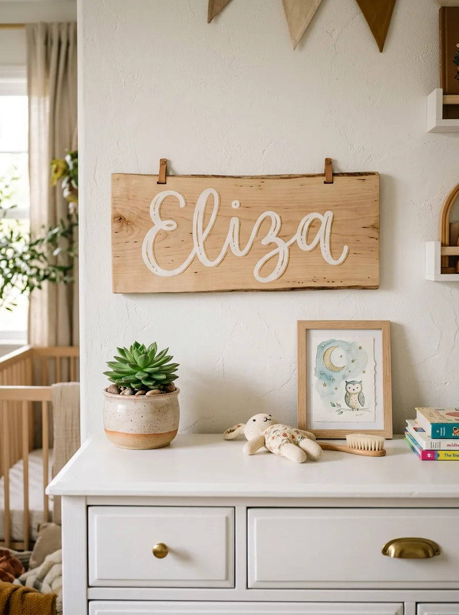 Birch wood personalized name sign with gold lettering above a white dresser in a styled kids bedroom