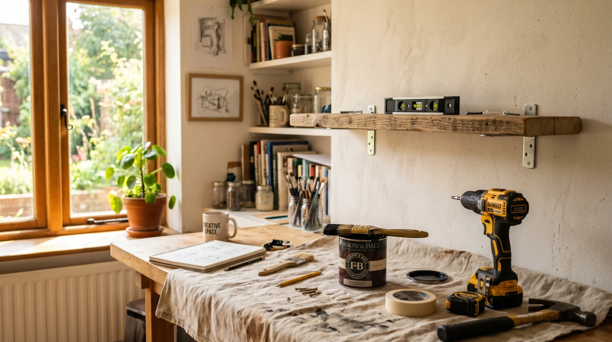 Home workspace with a floating wood shelf being installed above a desk, surrounded by tools, books, and natural light.