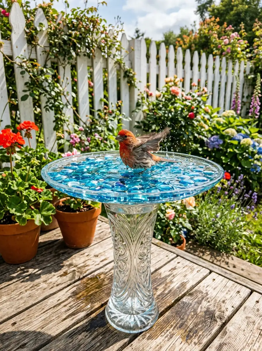 DIY bird bath made from glass platter on decorative glass vase with blue aquarium stones on sunny wooden deck