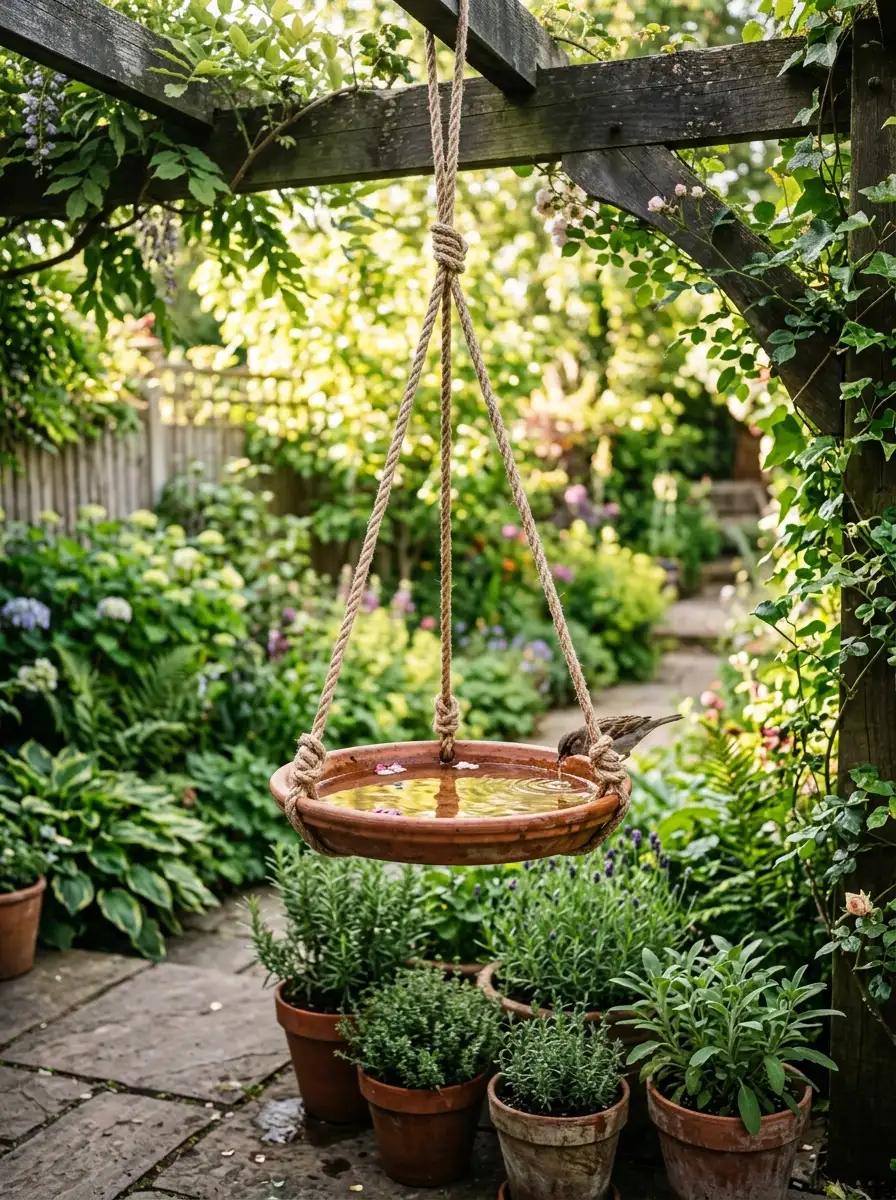DIY hanging bird bath made from terracotta saucer suspended by rope from a wooden pergola with green garden background