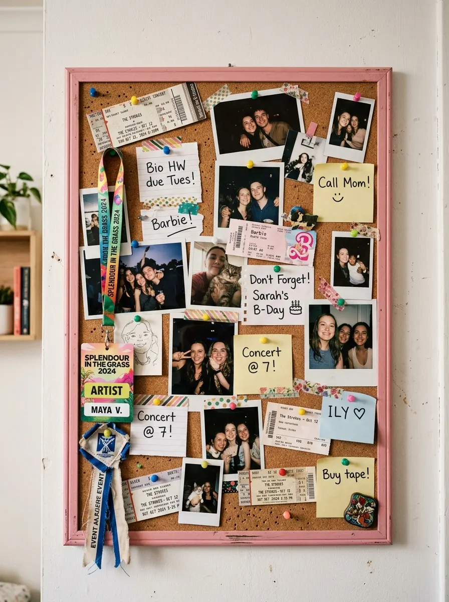 Large cork bulletin board with photos ticket stubs ribbon washi tape and notes on a white teen bedroom wall with pink frame