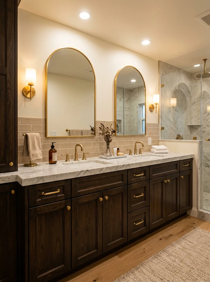 Deep espresso brown cabinetry with marble top and gold hardware in a brown beige bathroom design