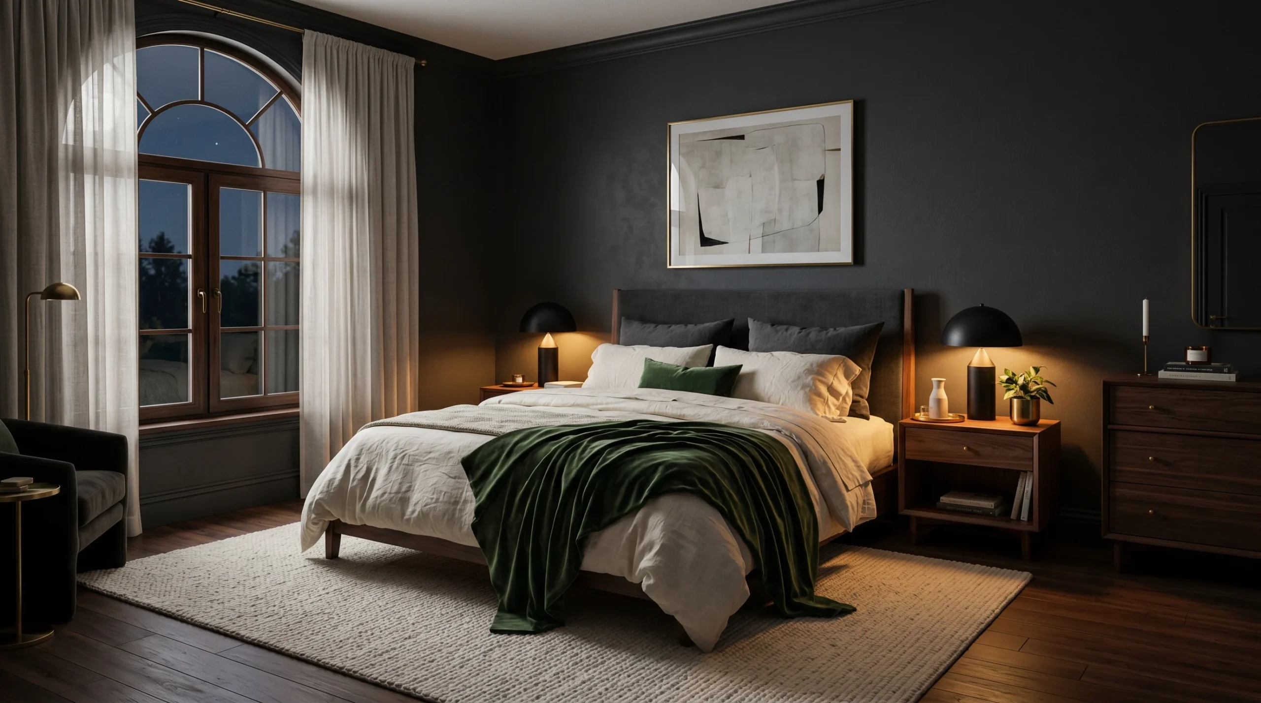Dark elegant bedroom ideas with charcoal walls, ivory linen bedding, green velvet throw, walnut furniture, and warm amber lighting