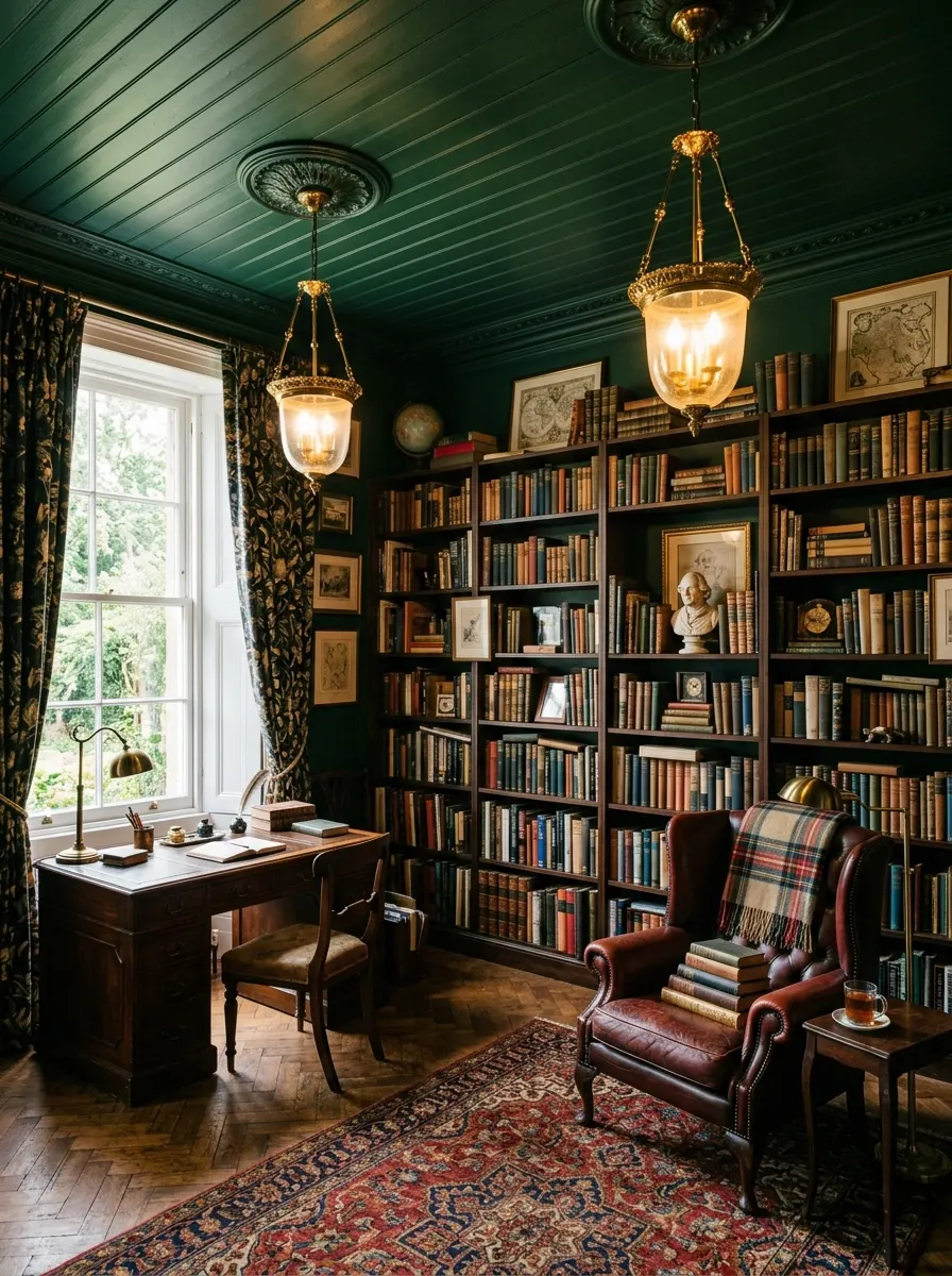 A home study with a deep green tongue and groove ceiling and gold pendant lights showing bold ceiling decor ideas