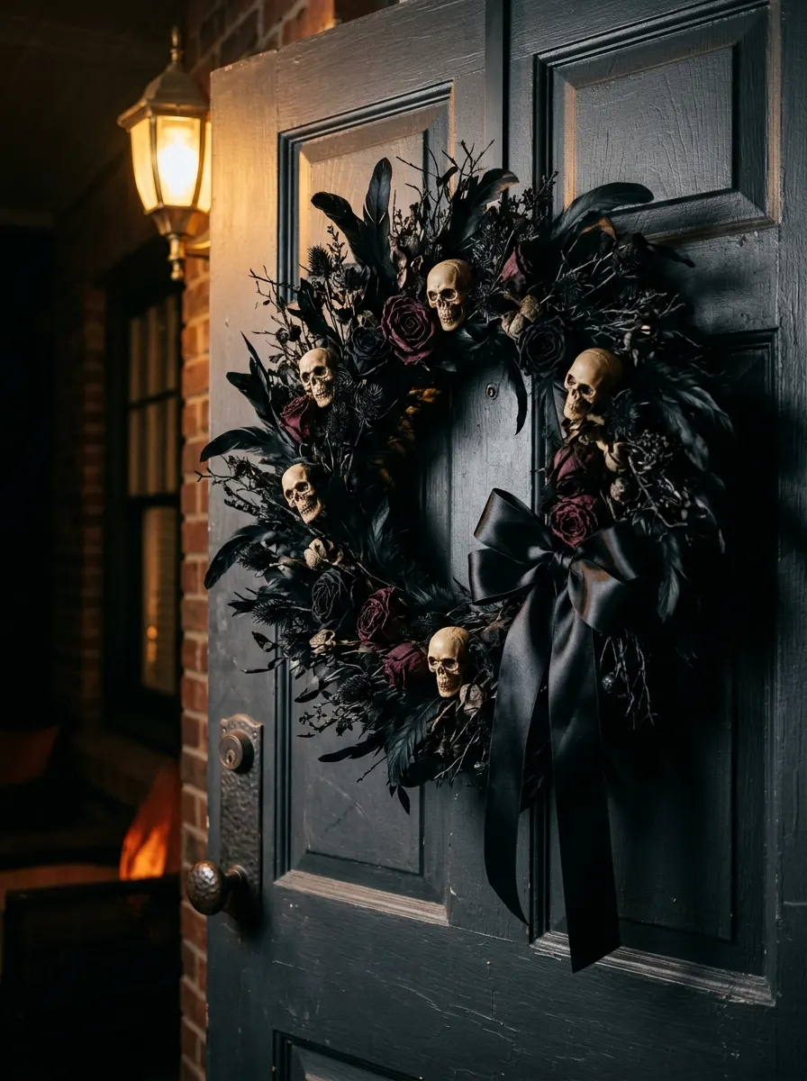 Black front door decorated with a wreath featuring skulls, dark florals, feathers, and a satin ribbon bow.
