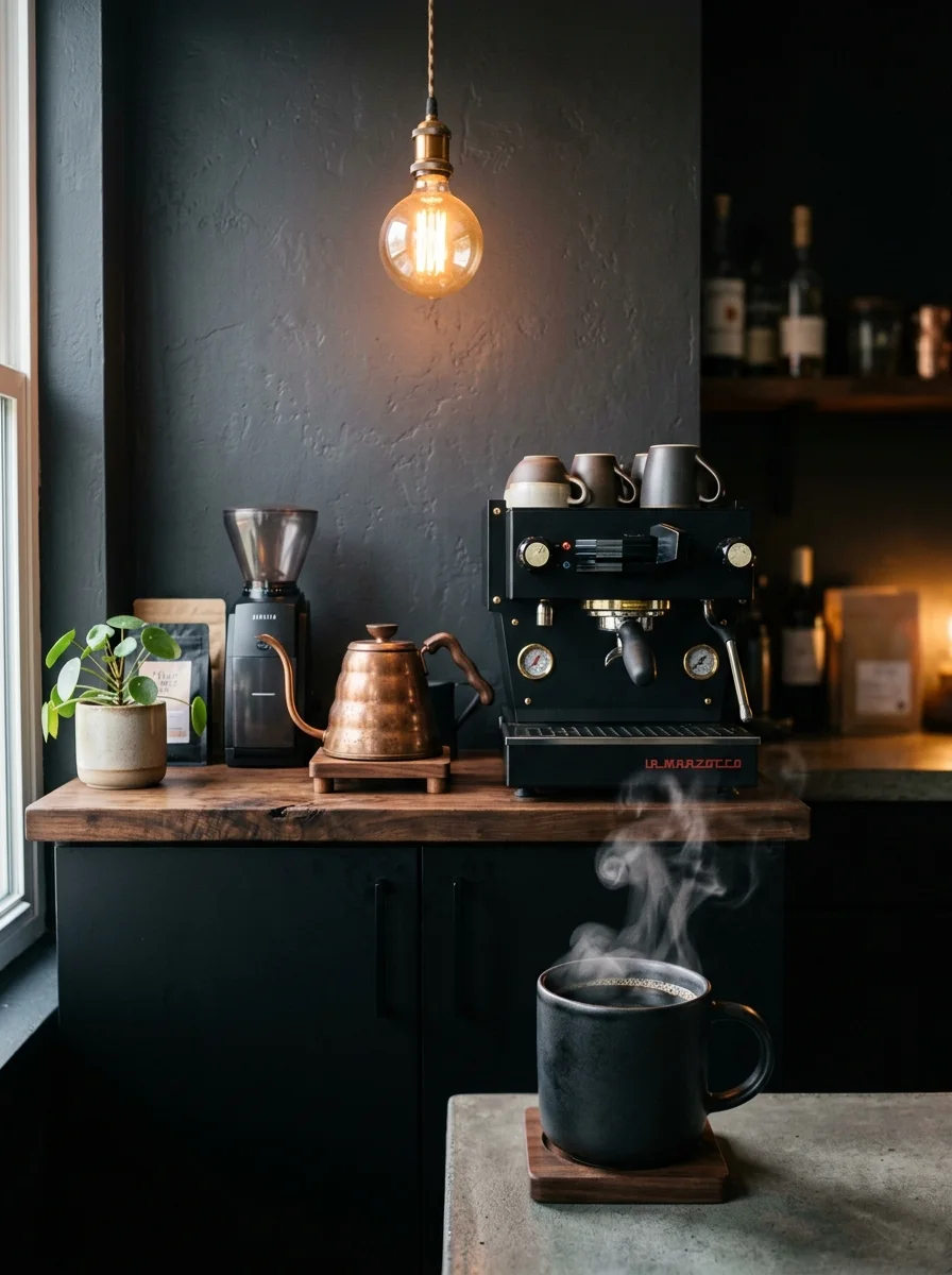 Dark moody coffee corner with black espresso machine, copper kettle, and amber pendant lighting on walnut shelf.