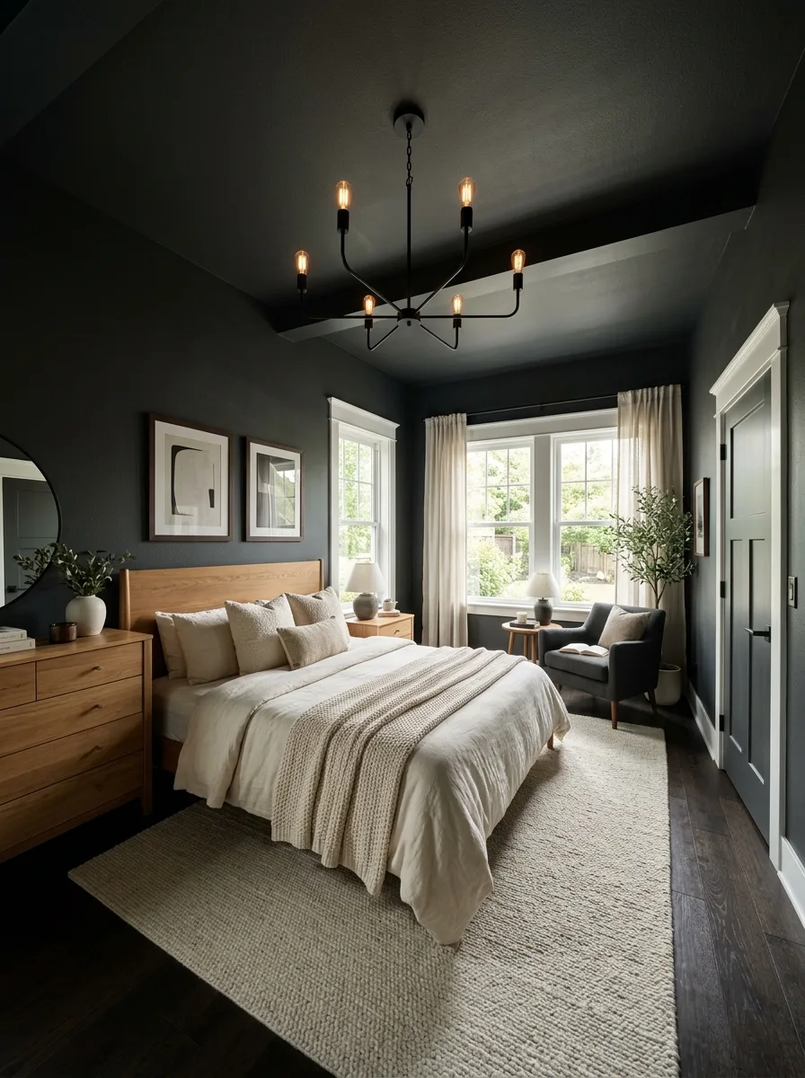 17 Dark Elegant Bedroom Ideas That Feel Cozy, Not Heavy 12 Charcoal bedroom with dark ceiling painted same tone as walls creating cocoon atmosphere with white trim cream bedding and black chandelier